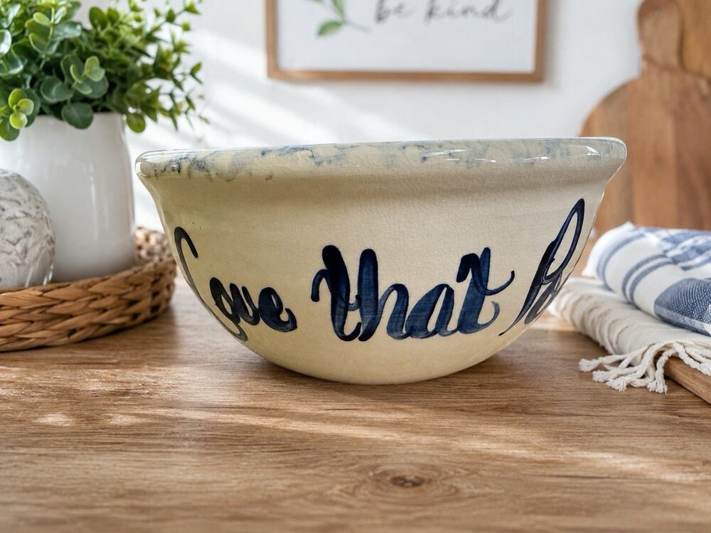 Ellis Pottery Marshall TX Love That Popcorn Hand Painted Bowl 8.5” Handcrafted